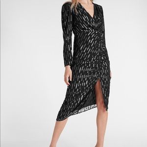 Metallic faux wrap ruched front asymmetrical midi dress !